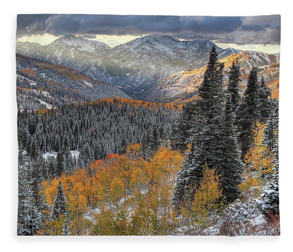 Utah Fleece Blanket featuring the photograph Big Cottonwood Canyon Early Snow and Fall Color by Brett Pelletier