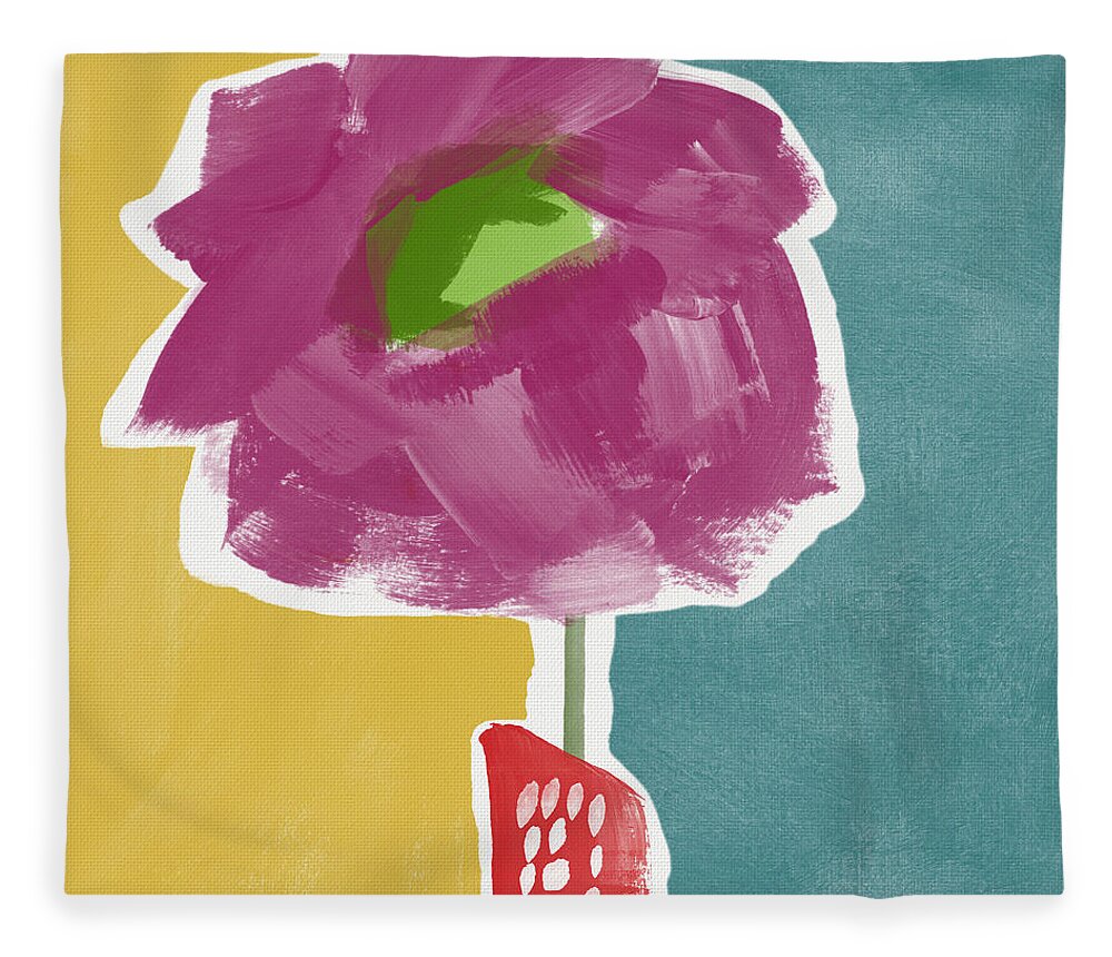 Modern Fleece Blanket featuring the painting Big Purple Flower in A Small Vase- Art by Linda Woods by Linda Woods