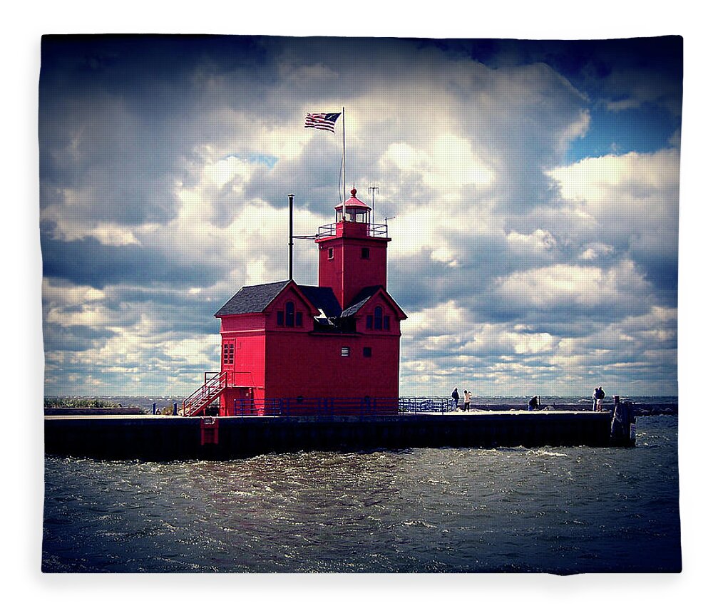 Lake Michigan Fleece Blanket featuring the photograph Big Red Lighthouse by Phil Perkins