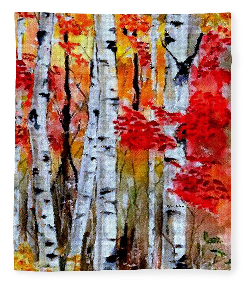 Rafael Salazar Fleece Blanket featuring the digital art Birch Trees in Fall by Rafael Salazar