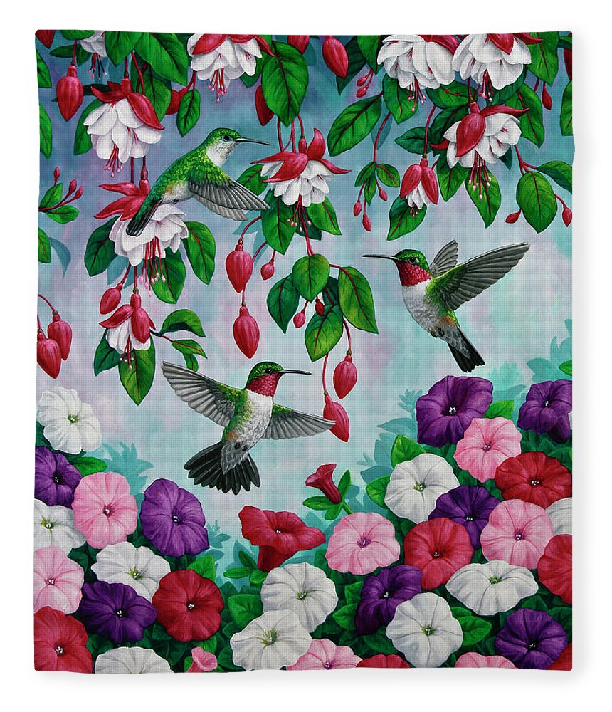 Bird Fleece Blanket featuring the painting Bird Painting Hummingbird and Spring Flowers by Crista Forest