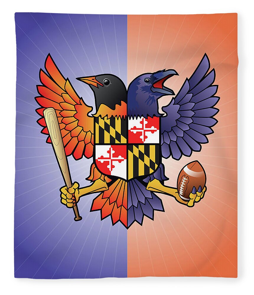 Birdland Fleece Blanket featuring the digital art Birdland Baltimore Raven and Oriole Maryland Crest by Joe Barsin