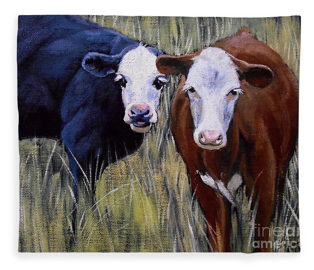 Cow Fleece Blanket featuring the painting Black and Brown Cow by Christopher Shellhammer