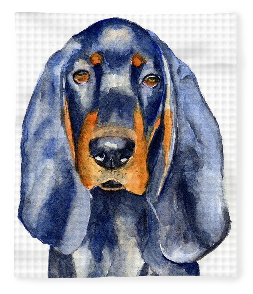 Dog Fleece Blanket featuring the painting Black and Tan Coonhound Dog by Carlin Blahnik CarlinArtWatercolor