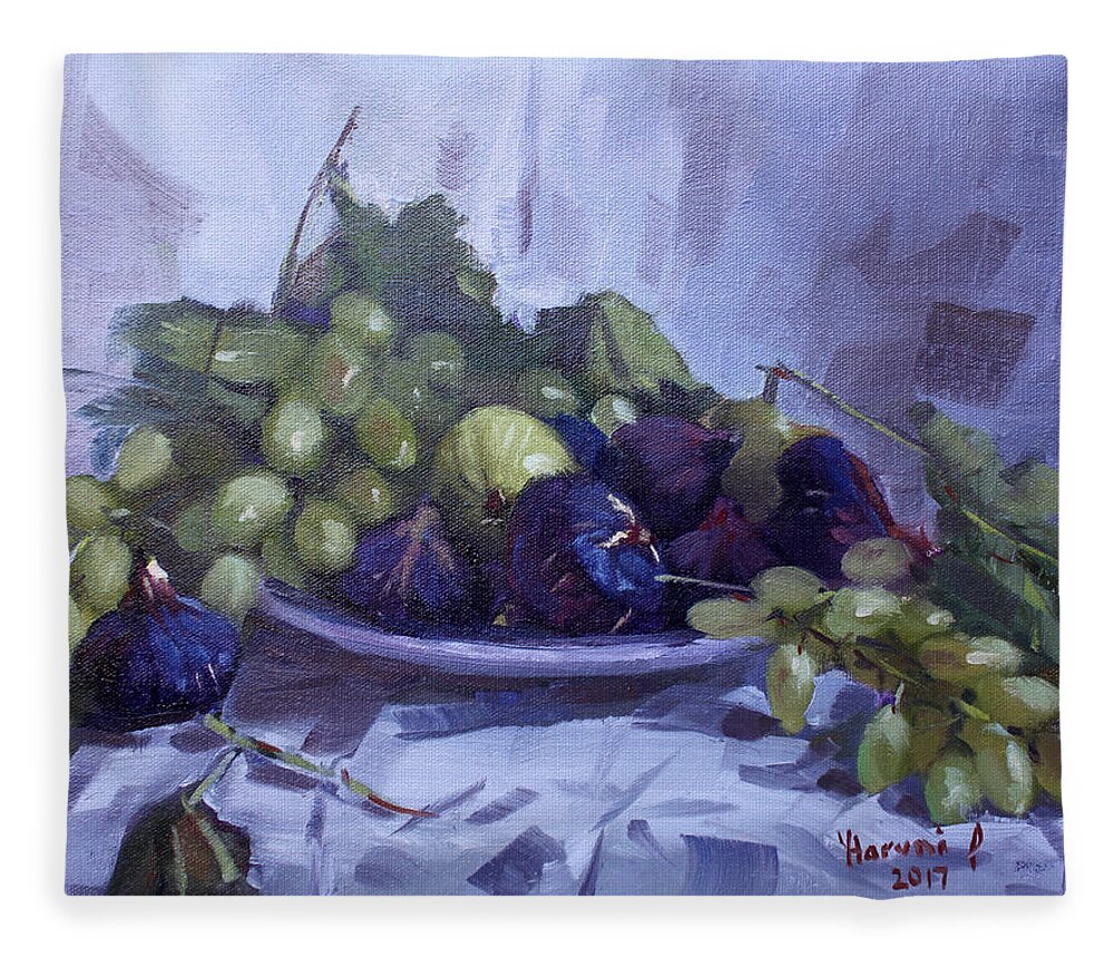 Black Figs Fleece Blanket featuring the painting Black Figs and Grape by Ylli Haruni