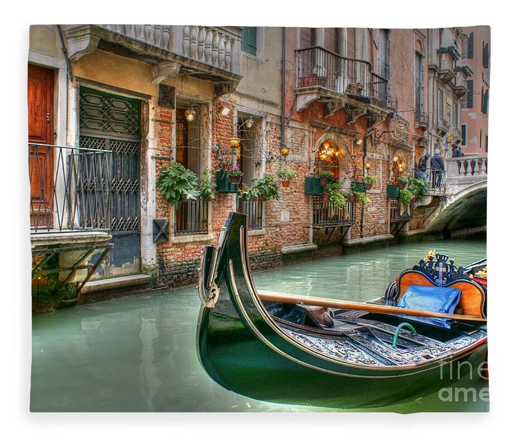 Venice Fleece Blanket featuring the photograph Black Gondola by David Birchall