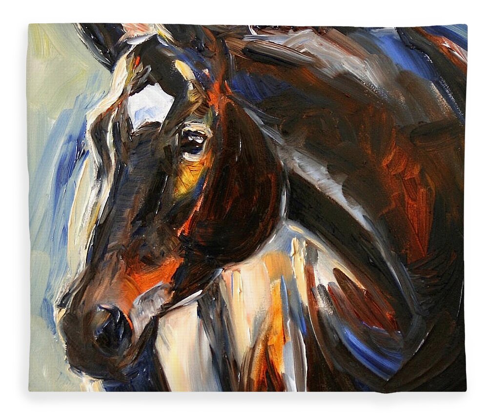 Black Horse Oil Painting Fleece Blanket For Sale By Maria Reichert