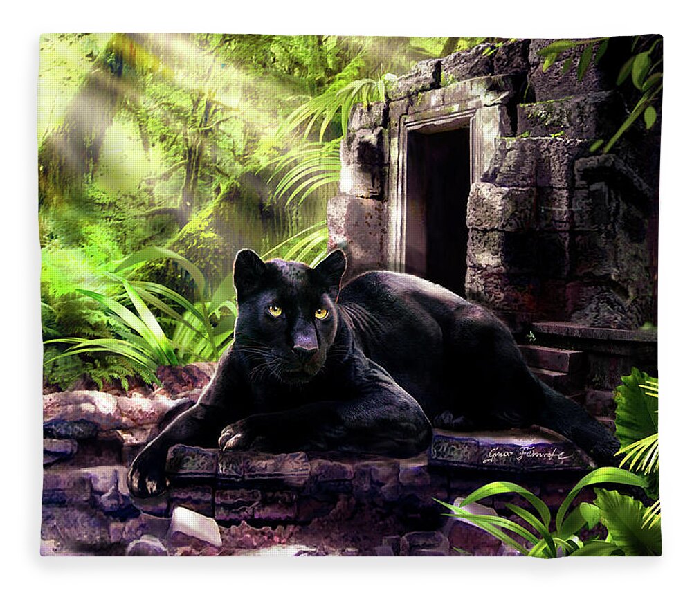 Animal Scene Fleece Blanket featuring the painting Black Panther Custodian of Ancient Temple Ruins by Regina Femrite