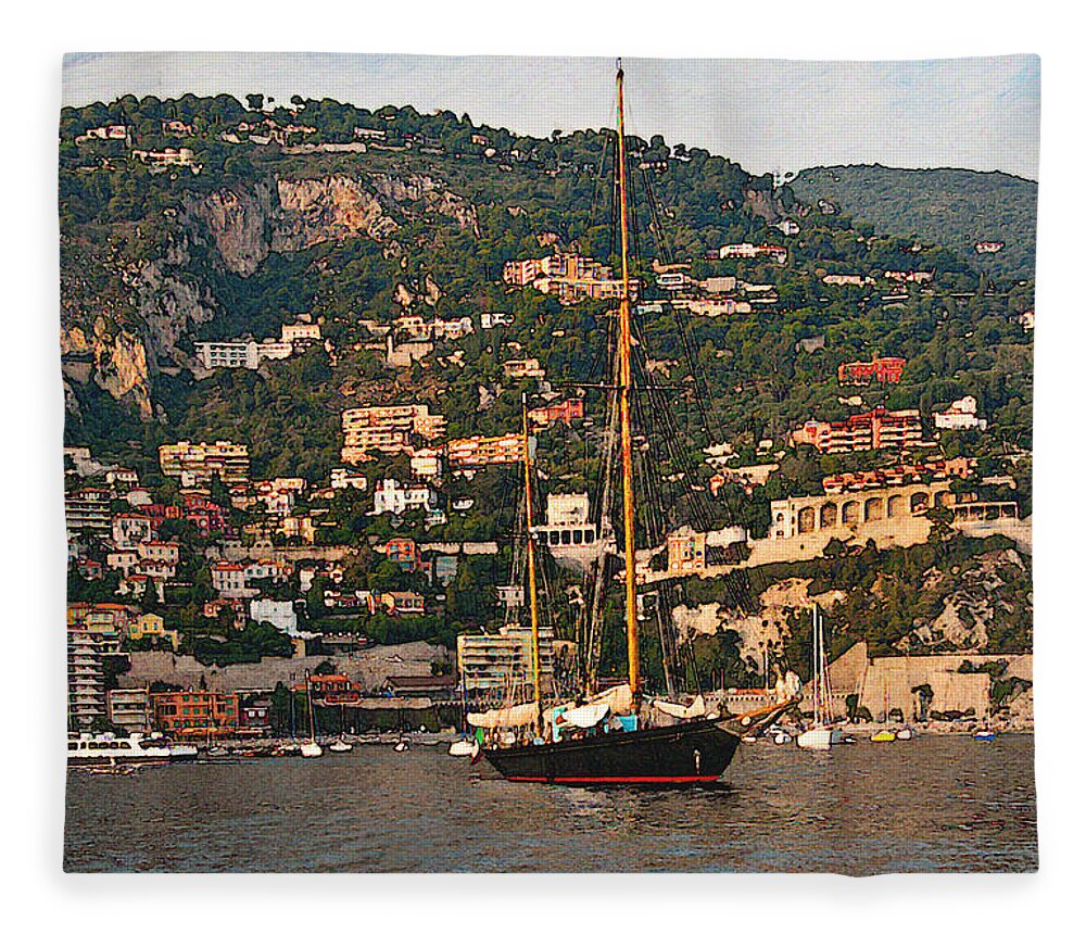 Villefranche Fleece Blanket featuring the photograph Black Sailboat At Villefranche II by Steven Sparks