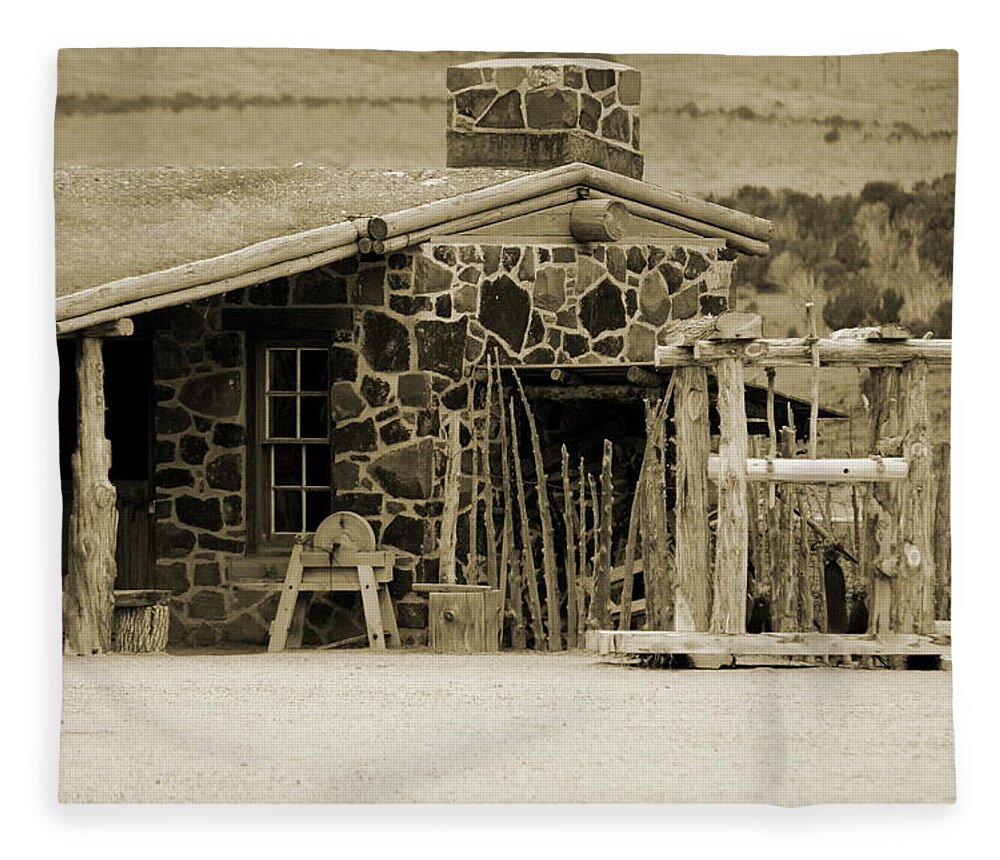 1867 Fleece Blanket featuring the photograph Blacksmith Shop 1867 Cove Creek Fort Utah Photograph In Sepia by Colleen Cornelius