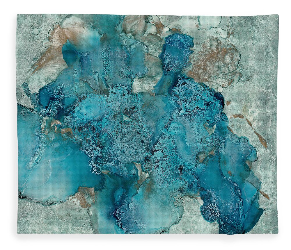 Blue Fleece Blanket featuring the ceramic art Blue Abstract Alcohol Ink on Tile by Conni Schaftenaar