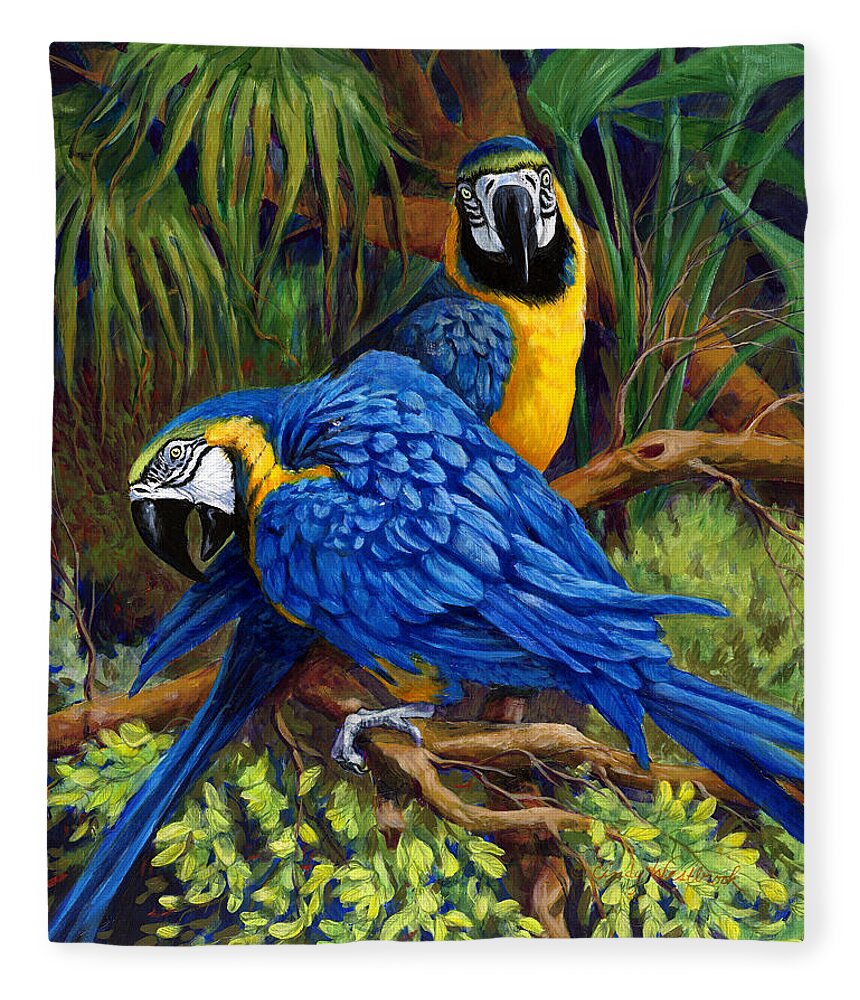 Macaw Fleece Blanket featuring the painting Blue and Gold Macaws by Cynthia Westbrook
