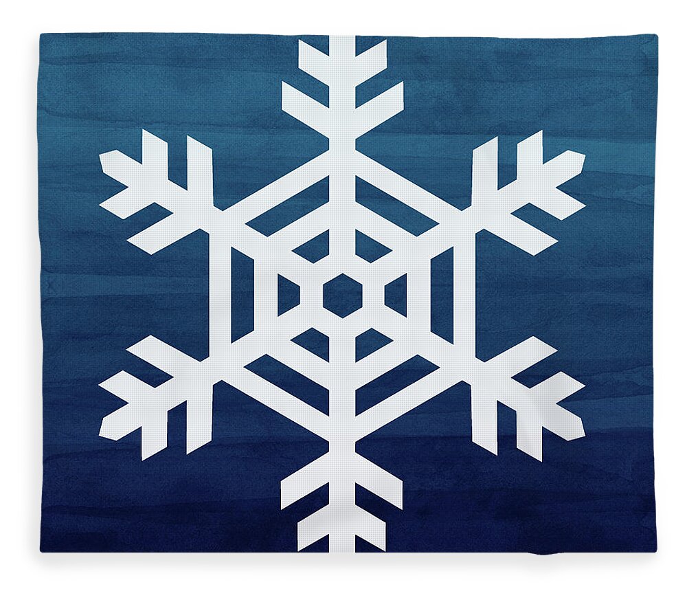 Snowflake Fleece Blanket featuring the mixed media Blue and White Snowflake- Art by Linda Woods by Linda Woods