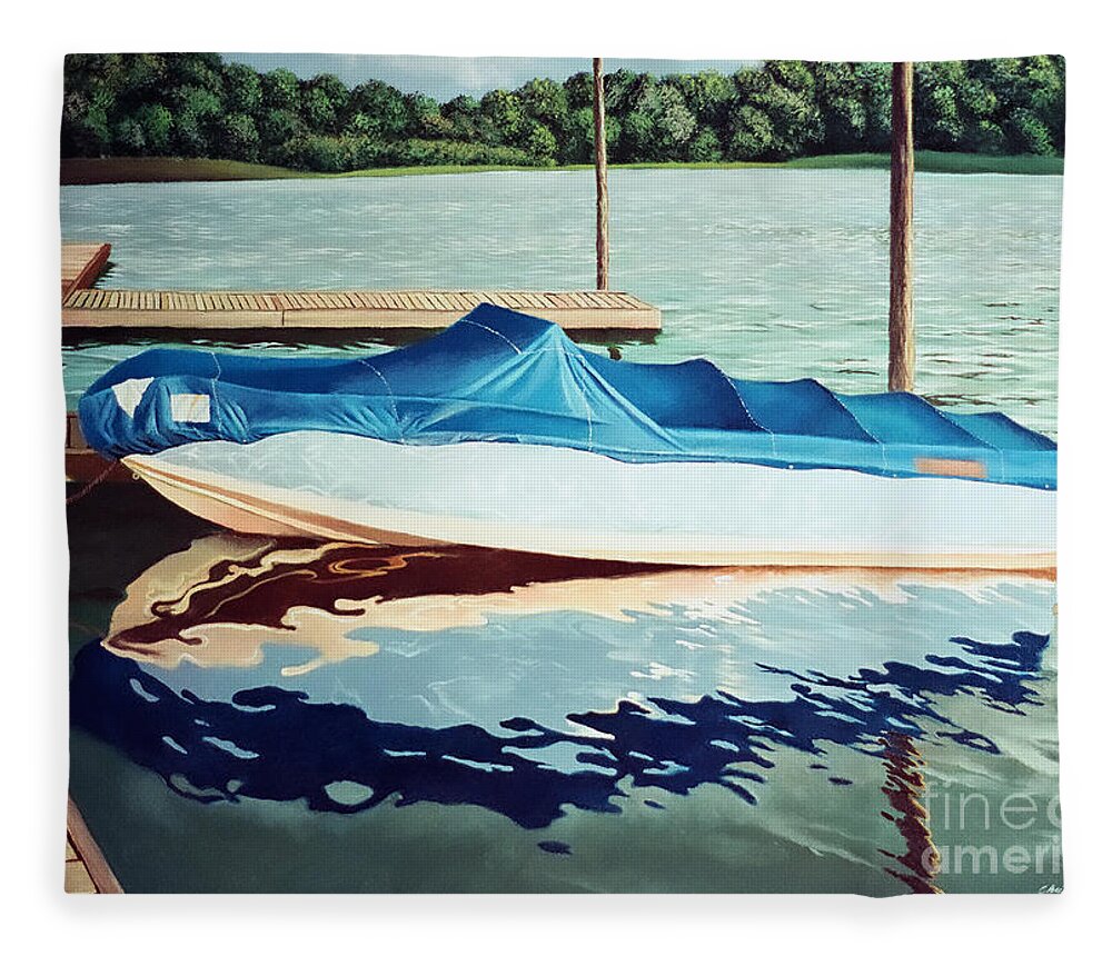 Blue Boat Fleece Blanket featuring the painting Blue Boat by Christopher Shellhammer