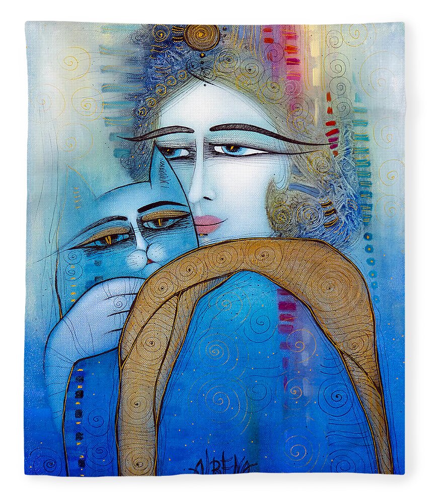 Albena Fleece Blanket featuring the painting Blue Cat by Albena Vatcheva