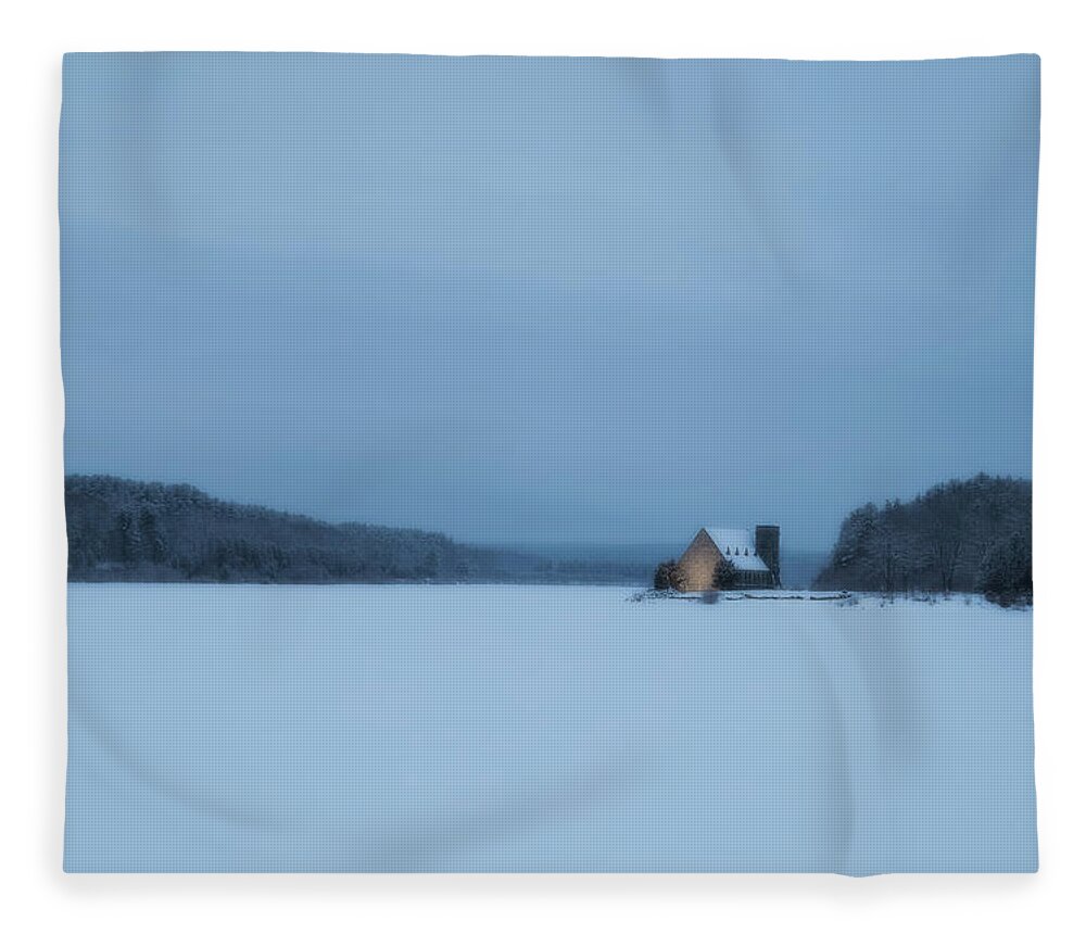 Wachusett Reservoir West Boylston W Ma Mass Massachusetts New England Photographer Thin Ice Outside Outdoors Nature Natural Snow Snowy Winter Blue Hour Old Stone Church Architecture Trees Landscape Brian Hale Brianhalephoto Sunset Soft Dreamy Dream Fleece Blanket featuring the photograph Blue Hour at The Old Stone Church by Brian Hale