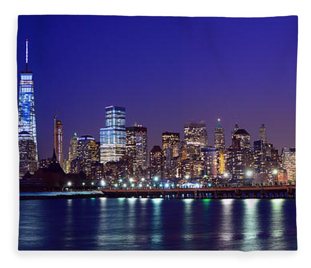Blue Hour Panorama World Trade Center Fleece Blanket featuring the photograph Blue Hour Panorama New York World Trade Center with Freedom Tower from Liberty State Park by Raymond Salani III