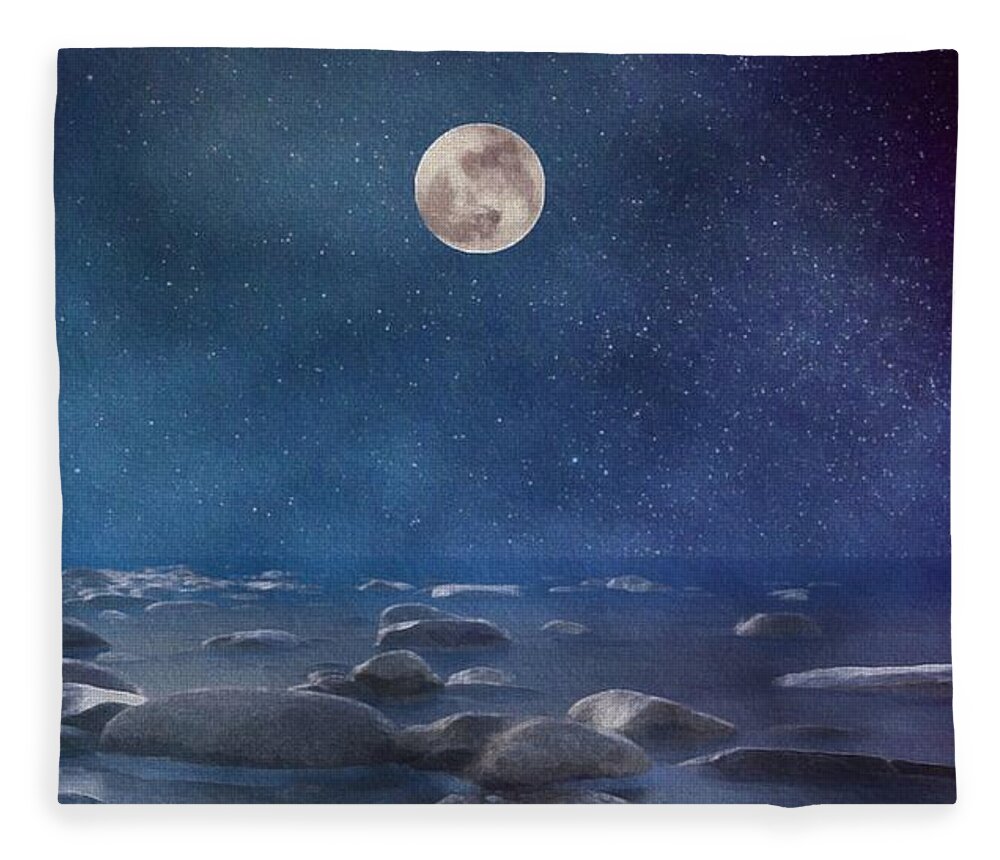 blue Moon Seascape Fleece Blanket featuring the painting Blue Moon Seascape by Mark Taylor