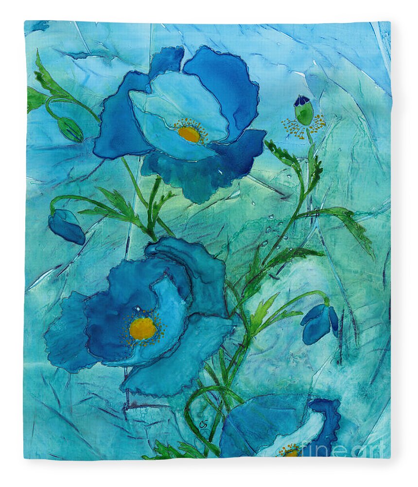 Poppies Fleece Blanket featuring the painting Blue Poppies, Watercolor on Yupo by Conni Schaftenaar