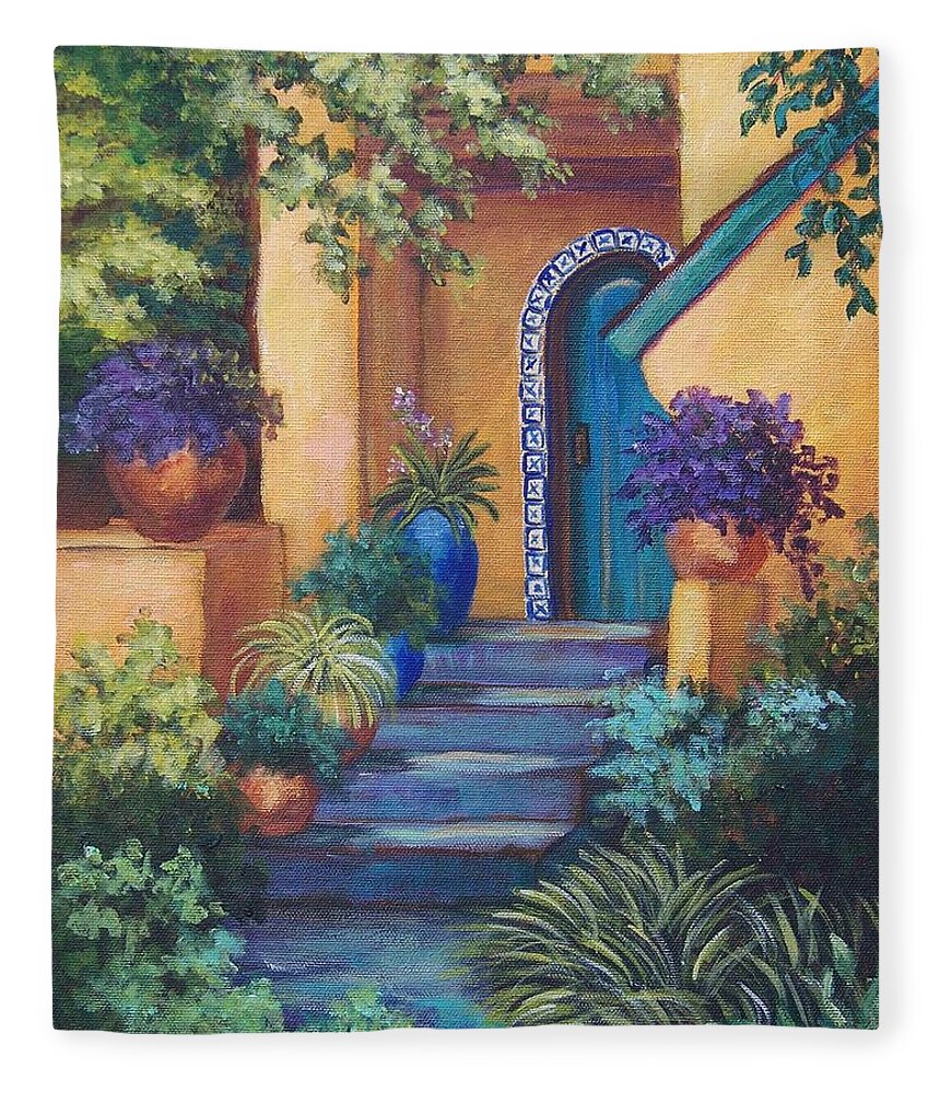 Adobe House Fleece Blanket featuring the painting Blue Tile Steps by Candy Mayer
