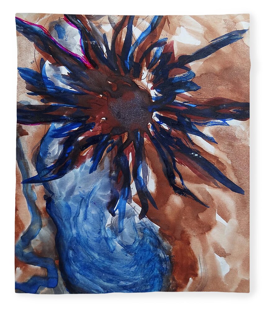 Katt Yanda Original Art Watercolor Artbook Collection Blue Vase Blooming Flower Sun Rays Fleece Blanket featuring the mixed media Blue Vase Flower of the Sun by Katt Yanda