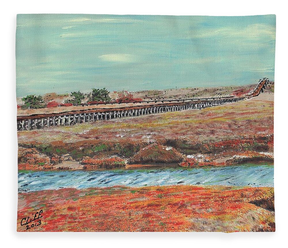 Cape Cod Fleece Blanket featuring the painting Boardwalk at Sandwich MA by Cliff Wilson