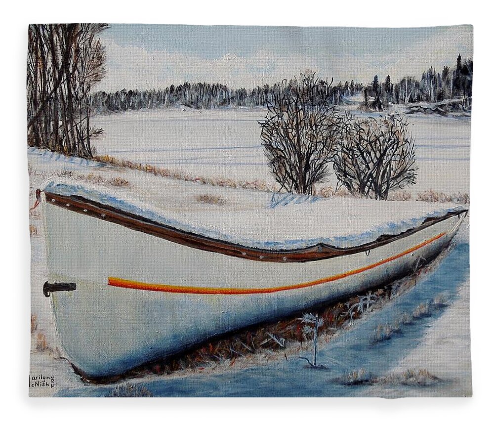 Boat Fleece Blanket featuring the painting Boat under snow by Marilyn McNish
