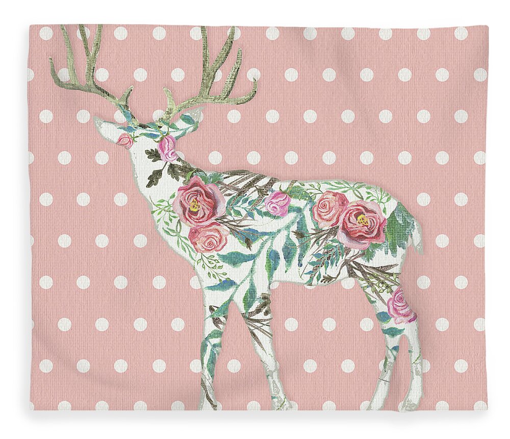 Boho Fleece Blanket featuring the painting BOHO Deer Silhouette Rose Floral Polka Dot by Audrey Jeanne Roberts