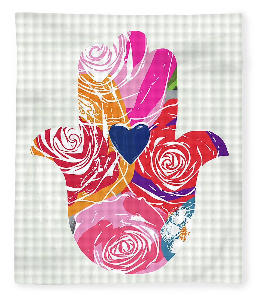 Floral Fleece Blanket featuring the mixed media Bold Floral Hamsa- Art by Linda Woods by Linda Woods