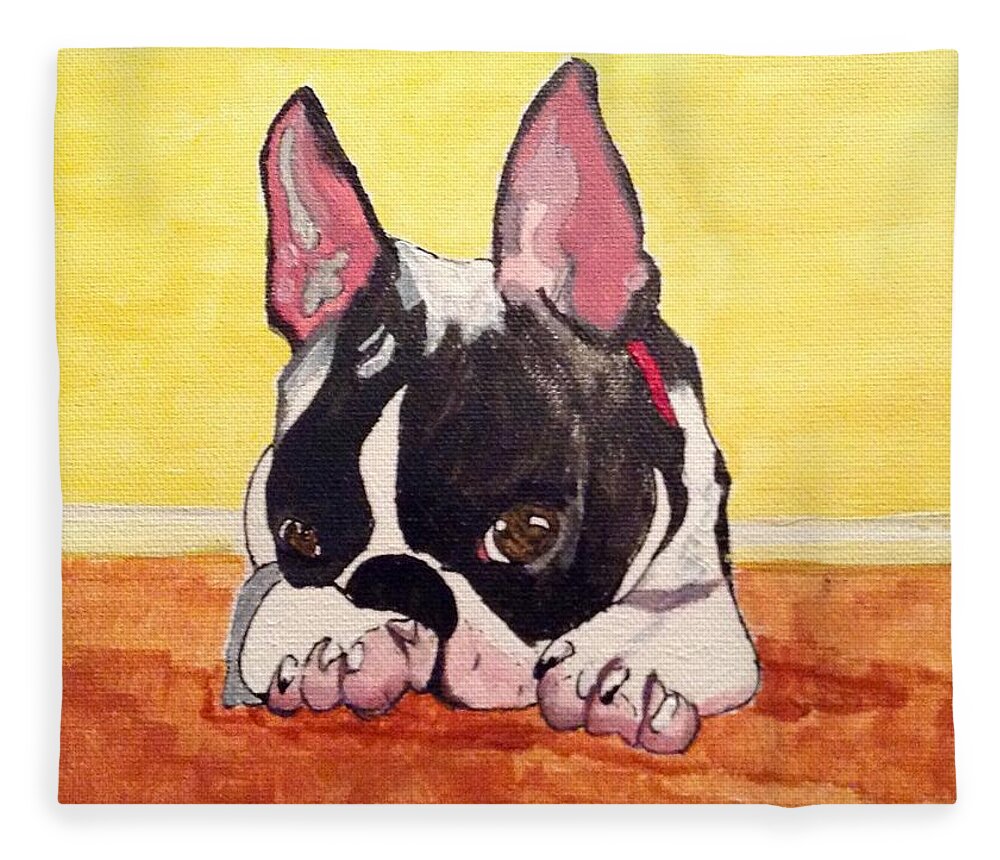 Boston Terrier Puppy Fleece Blanket featuring the painting Boston Baby by Sonja Jones