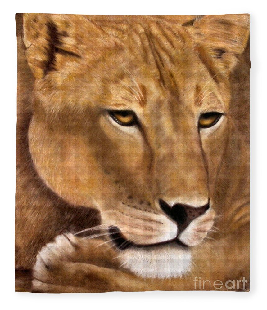 Lioness Fleece Blanket featuring the painting Botswana by Sandra Huston