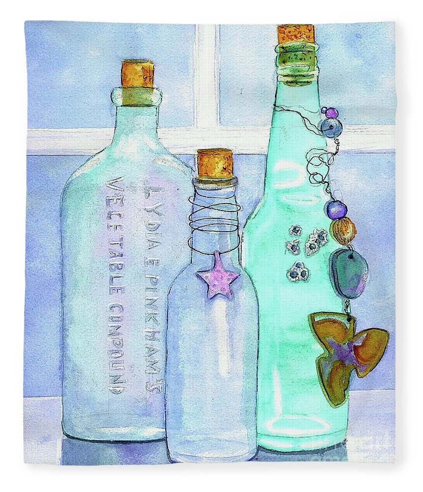 Bottles Fleece Blanket featuring the painting Bottles with Barnacles by Midge Pippel
