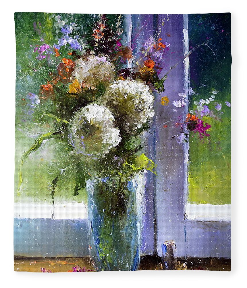 Russian Artists New Wave Fleece Blanket featuring the painting Bouquet at Window by Igor Medvedev