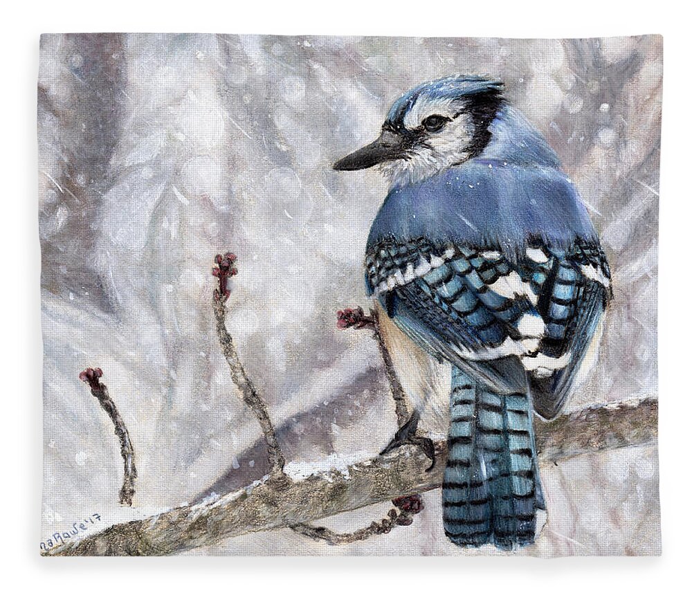 Bluejay Fleece Blanket featuring the drawing Braving the Storm by Shana Rowe Jackson