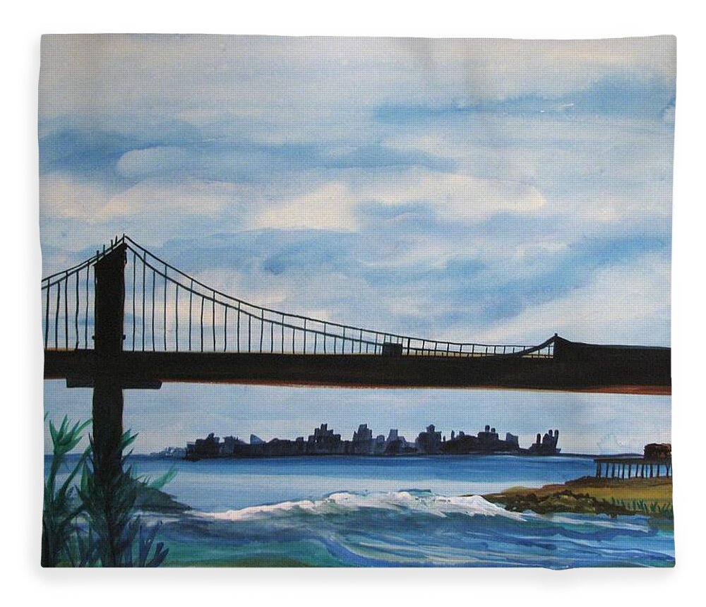 Beach Scene Fleece Blanket featuring the painting Bridge to Europe by Patricia Arroyo