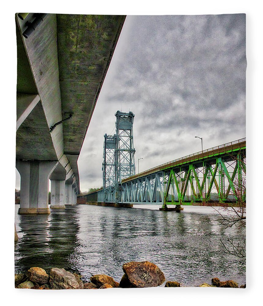 Bath Fleece Blanket featuring the photograph Bridges Over the Kennebec by Guy Whiteley