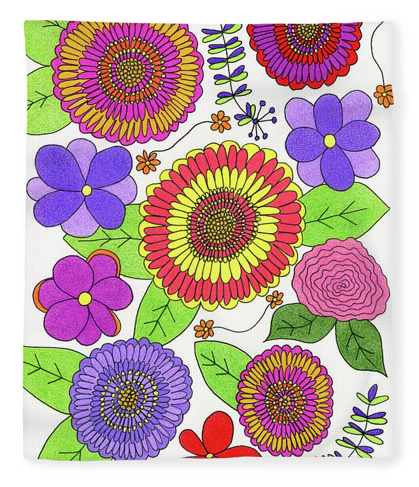 Colorful Flowers Fleece Blanket featuring the drawing Bright and Cheery Flowers by Lisa Blake