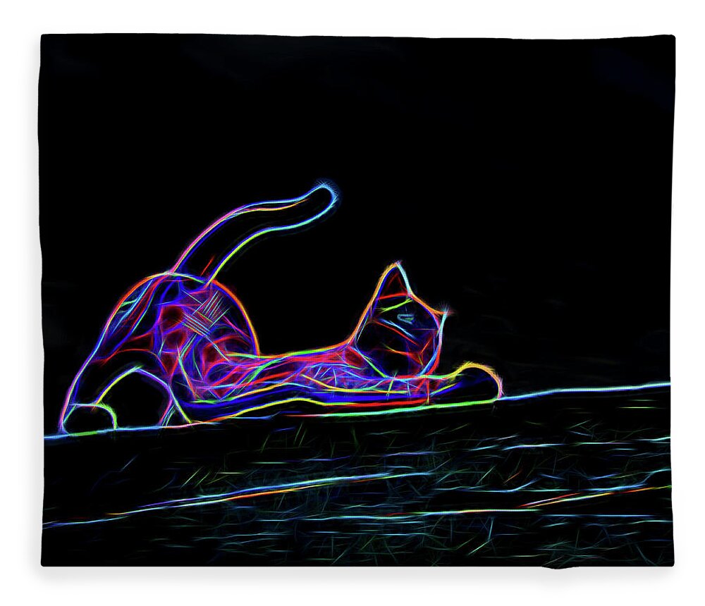 Cat Fleece Blanket featuring the photograph Bright Idea - Neon Kitty Cat by Mitch Spence