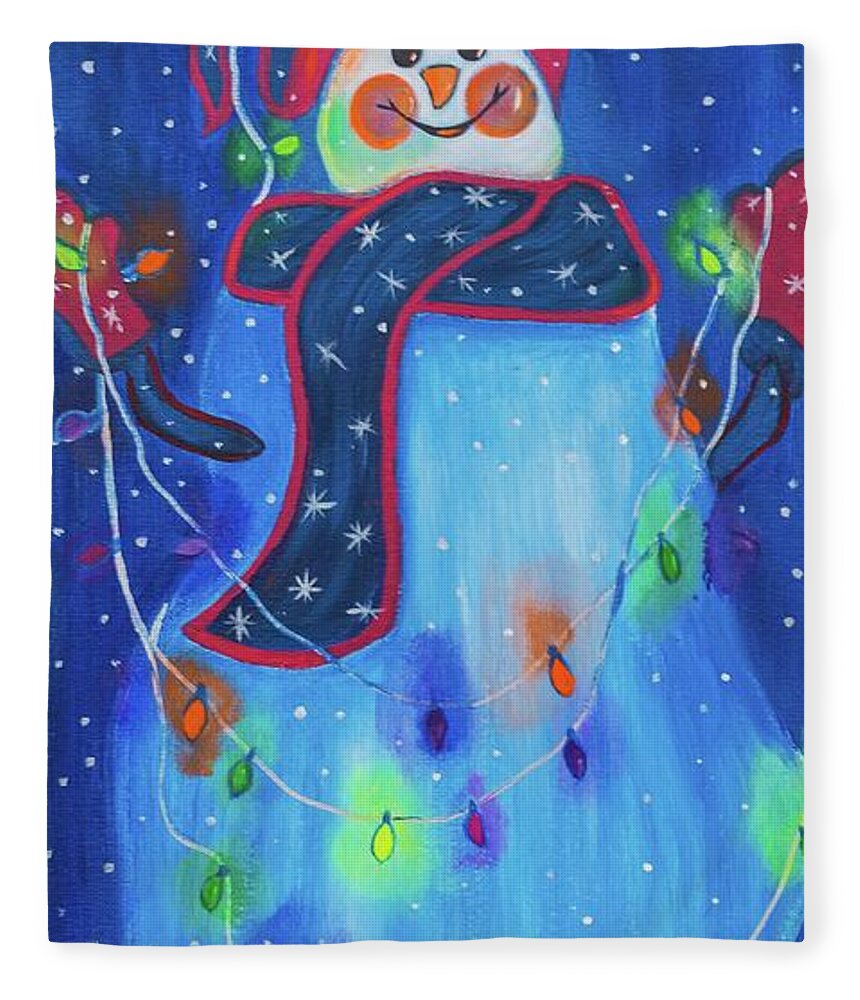 Snowman Fleece Blanket featuring the painting Bright Light Snowman by Neslihan Ergul Colley