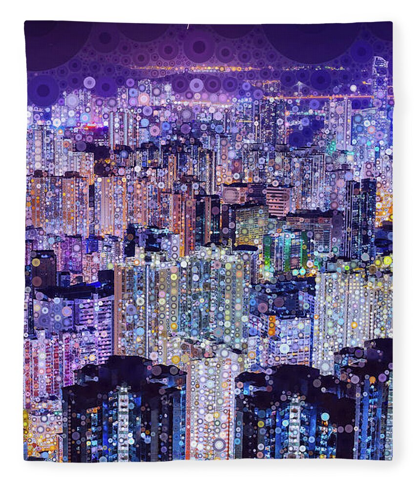Hong Kong Fleece Blanket featuring the mixed media Bright Lights, Big City by Susan Maxwell Schmidt