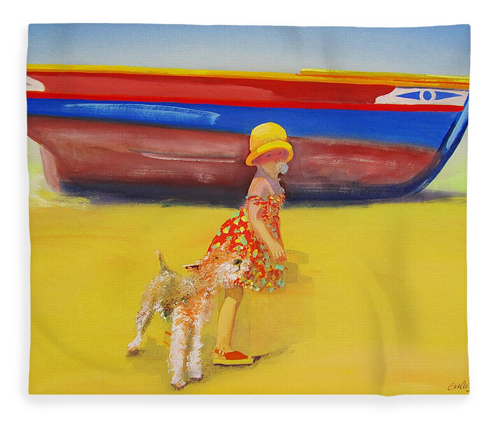 Wire Haired Fox Terrier Fleece Blanket featuring the painting Brightly Painted Wooden Boats With Terrier and Friend by Charles Stuart