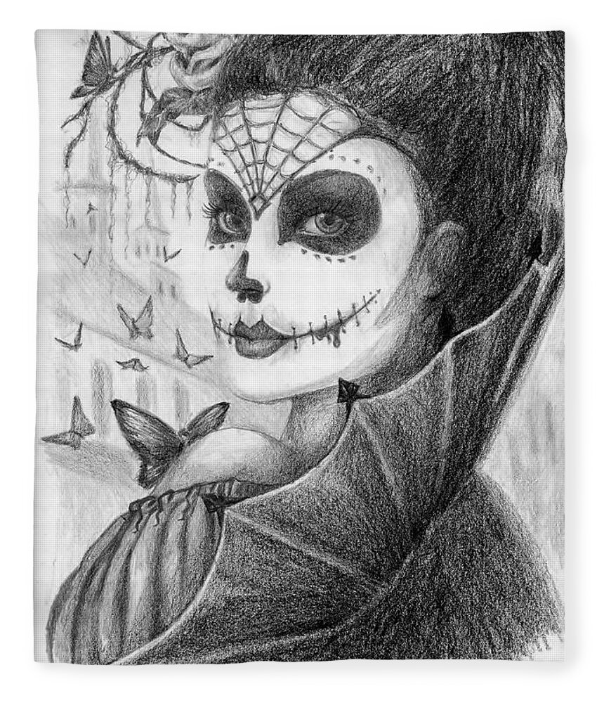 Skull Portrait Fleece Blanket featuring the drawing Brigitte by Elaine Berger