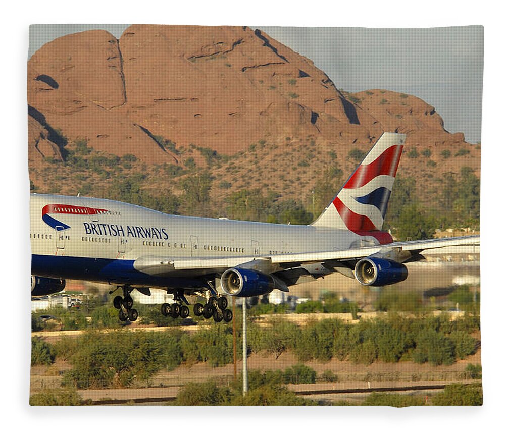 Airplane Fleece Blanket featuring the photograph British Airways Boeing 747-436 G-CIVA Phoenix Sky Harbor October 26 2010 by Brian Lockett