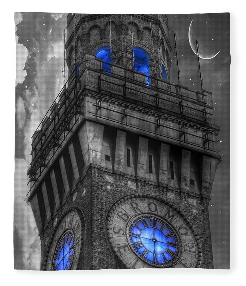 Bromo Seltzer Tower Clock Face Fleece Blanket featuring the photograph Bromo Seltzer Tower Baltimore - Blue by Marianna Mills