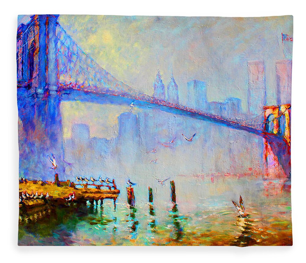 Brooklyn Bridge Fleece Blanket featuring the painting Brooklyn Bridge in a Foggy Morning by Ylli Haruni