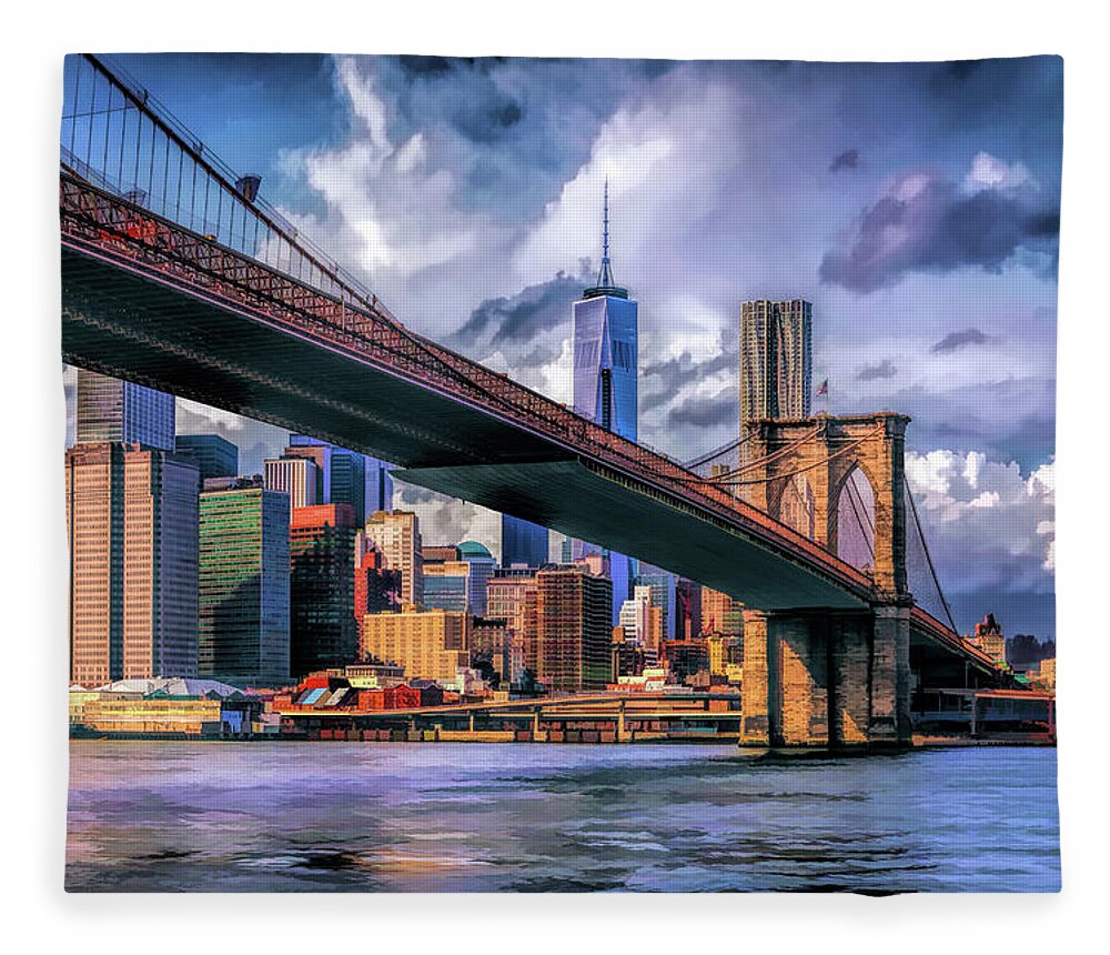 New York Fleece Blanket featuring the painting New York City Brooklyn Bridge Skyline by Christopher Arndt