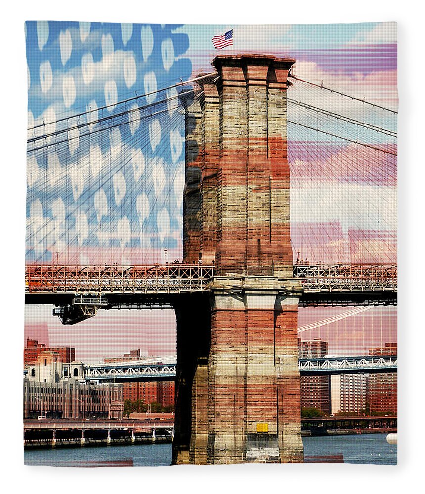 Brooklyn Fleece Blanket featuring the photograph Brooklyn Bridge with Stars and Stripes by Adriana Zoon