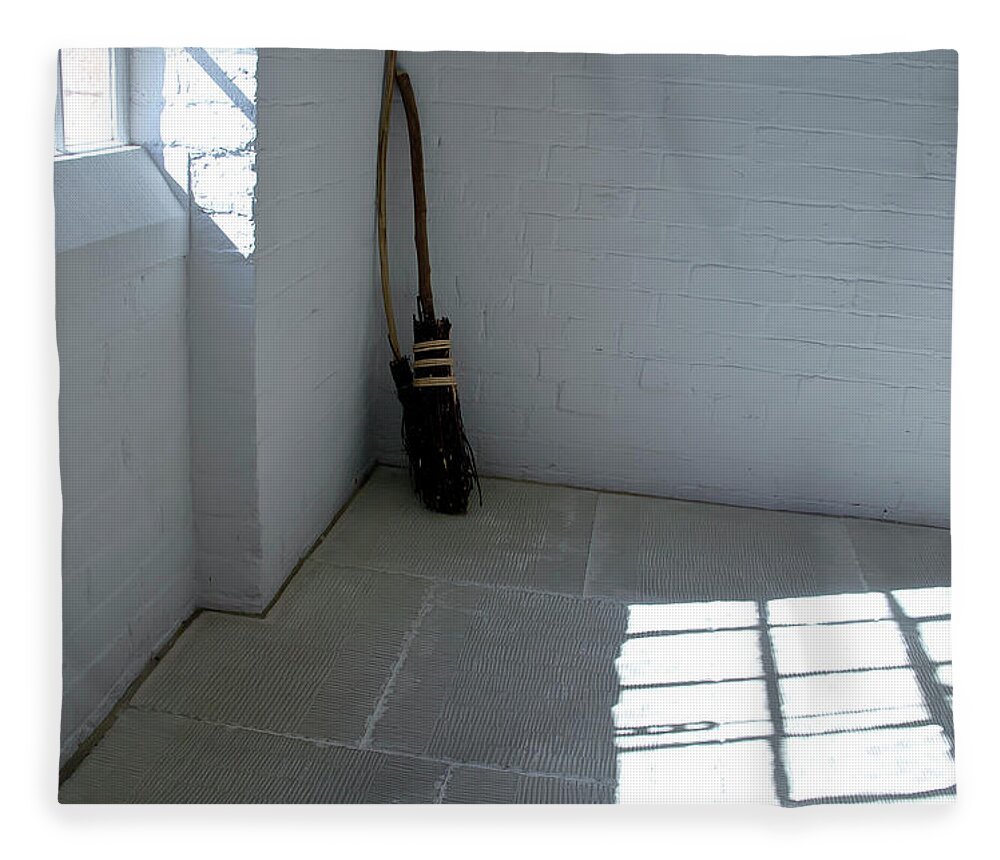 Broom Fleece Blanket featuring the photograph Broom in a corner. by Elena Perelman