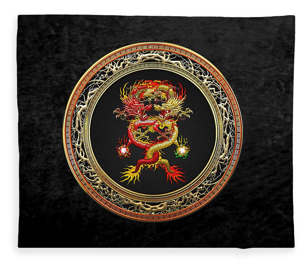 'treasure Trove' Collection By Serge Averbukh Fleece Blanket featuring the digital art Brotherhood of the Snake - The Red and The Yellow Dragons on Black Velvet by Serge Averbukh