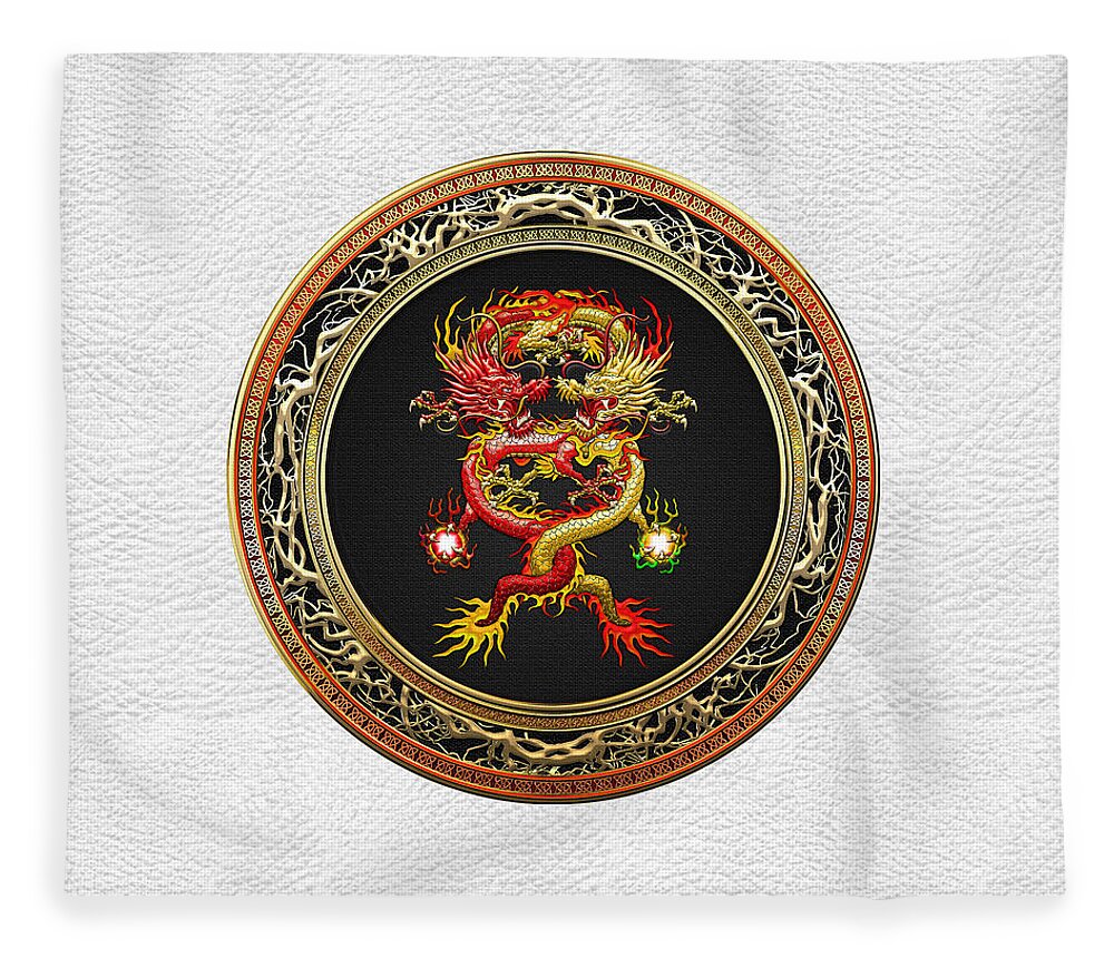 'treasure Trove' Collection By Serge Averbukh Fleece Blanket featuring the digital art Brotherhood of the Snake - The Red and The Yellow Dragons on White Leather by Serge Averbukh